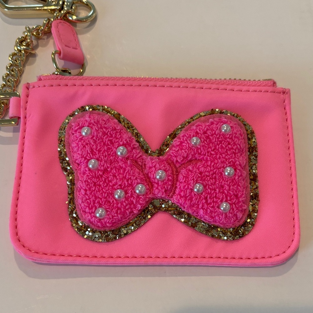Stoney Clover Lane Pink Bow Coin Purse Keychain with Pearl Accents